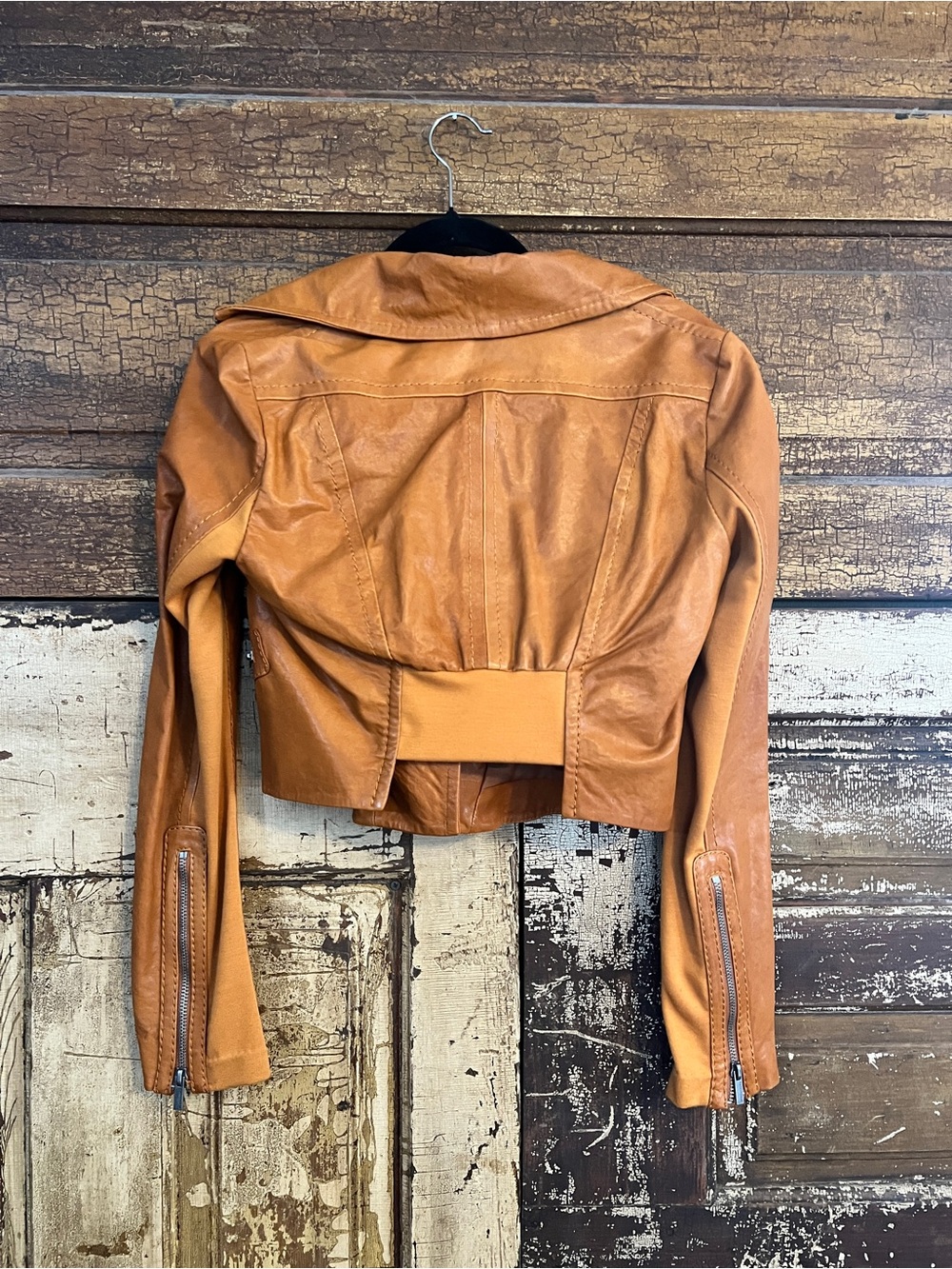 BCBGMAXAZRIA Cognac Moto Jacket | Cropped Zip Front Statement Jacket - Picture 6 of 6